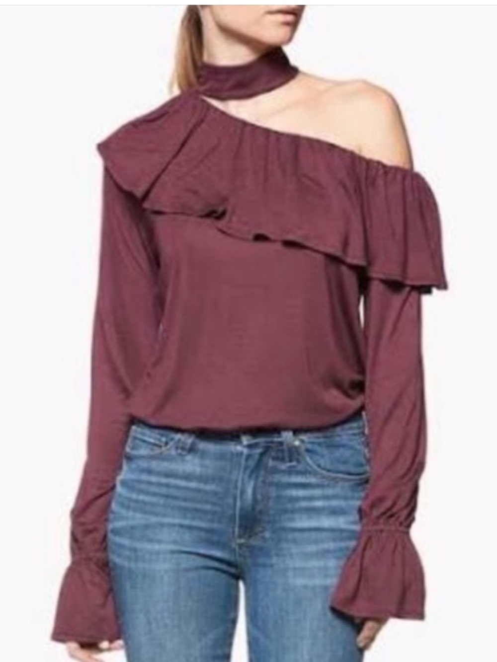 PAIGE Rayden one shoulder ruffle blouse top Mauve wine M